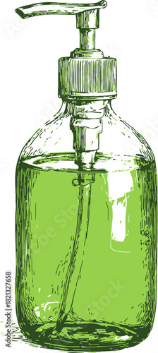 Soap dispenser sketch, hand drawn glass bottle with pump and liquid inside. Vector illustration