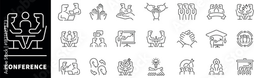 Conference vector icons. Thin line icons related to conference and meeting. Conference vector icons in line style