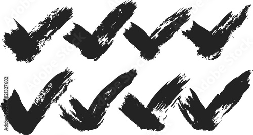 Black check marks set, sketch hand drawn brush stroke style, grunge tick icons. Vector illustration