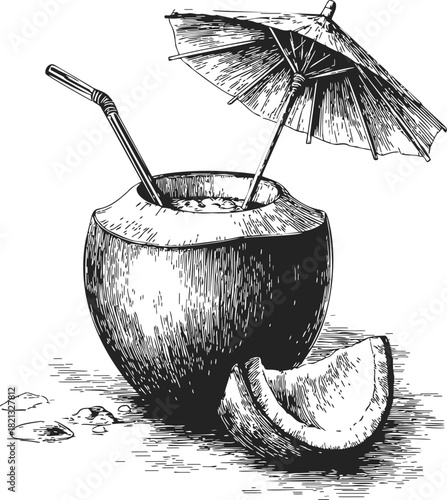 Coconut drink sketch with straw, umbrella, and coconut slice. Vector illustration