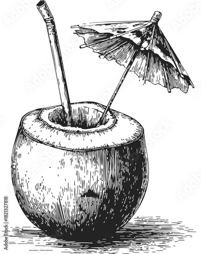 Coconut drink sketch with straw and cocktail umbrella, hand drawn tropical beverage. Vector illustration