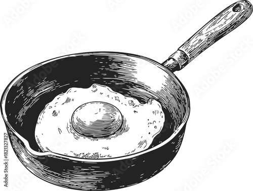 Fried egg sketch in frying pan, hand drawn rustic breakfast scene. Vector illustration