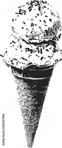 Ice cream cone sketch, hand drawn style with sprinkles and waffle cone. Vector illustration