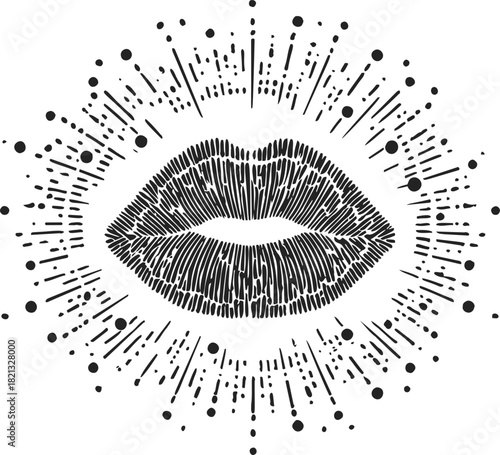 Lips hand drawn sketch with radiating lines and dots, minimalist line art. Vector illustration