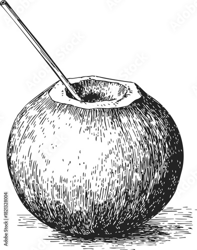 Coconut with straw sketch, hand drawn tropical drink in whole coconut. Vector illustration
