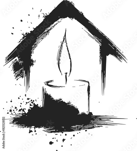Candle flame sketch hand drawn under roof with ink splatter effect. Vector illustration