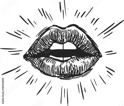 Lips sketch hand drawn style with expressive lines and radiant burst. Vector illustration