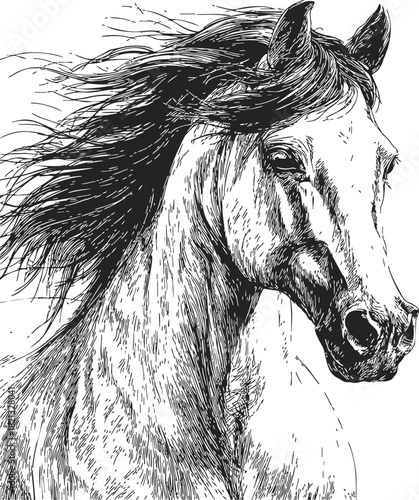 Horse sketch hand drawn portrait with flowing mane, detailed line art style. Vector illustration