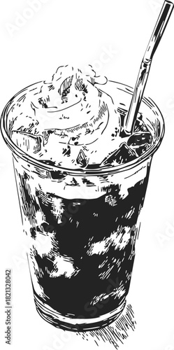 Iced coffee sketch hand drawn with whipped cream and straw in glass. Vector illustration