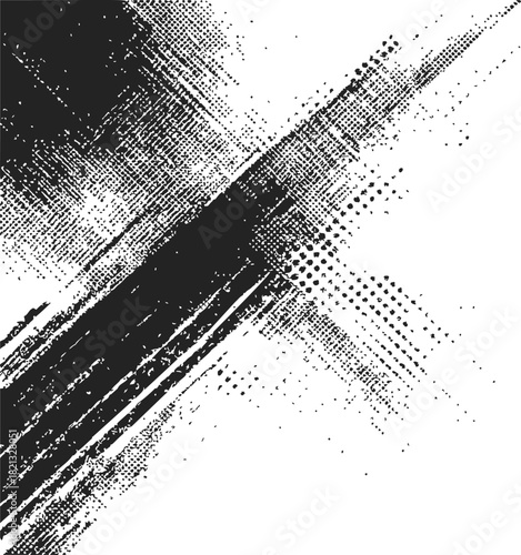 Abstract black ink brush stroke sketch with grunge texture and halftone dots. Vector illustration