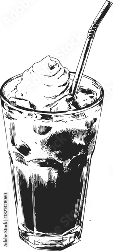 Iced coffee glass sketch with whipped cream and straw, hand drawn style. Vector illustration
