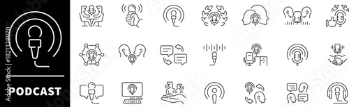 Podcast vector icons. Thin line icons related to podcast and broadcast. Podcast vector icons in line style