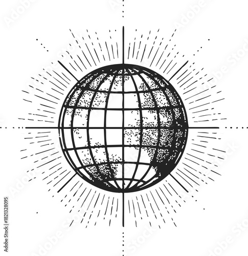 Globe sketch hand drawn with sunburst rays and grid lines. Vector illustration