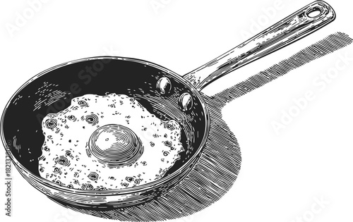 Fried egg in frying pan, sketch hand drawn style, kitchen utensil with cooked breakfast. Vector illustration