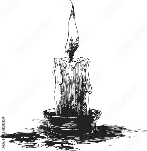 Burning candle sketch, hand drawn style with melting wax and candle holder. Vector illustration