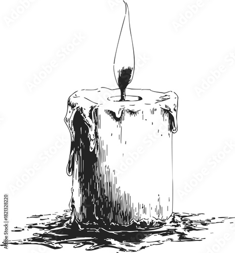 Burning candle sketch hand drawn with melting wax and flame. Vector illustration