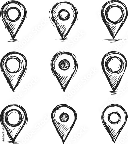 Location pin icons sketch hand drawn set with rough marker lines. Vector illustration