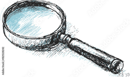 Magnifying glass sketch hand drawn style with detailed handle and lens. Vector illustration