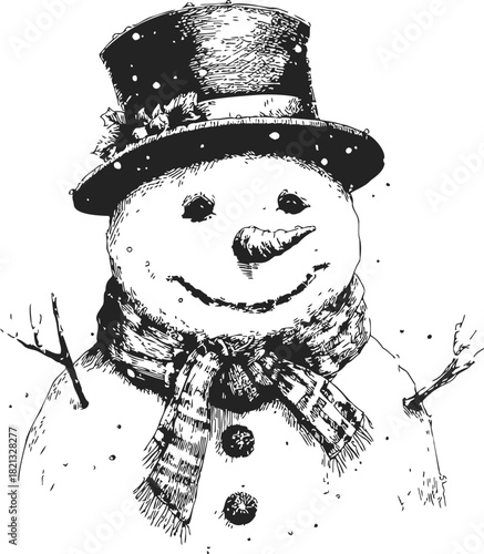 Snowman sketch hand drawn with top hat, scarf, carrot nose, and stick arms. Vector illustration