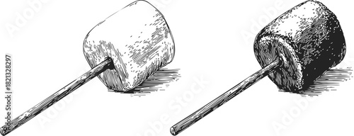 Marshmallows on sticks sketch, hand drawn style, isolated dessert treats. Vector illustration