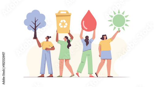 A vibrant vector illustration featuring a diverse group of four stylized figures one of whom is prominently holding a bright blue object set against a clean background with a variety of colors