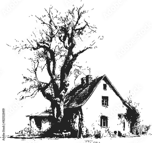 Old tree and rural house sketch, hand drawn countryside scene. Vector illustration