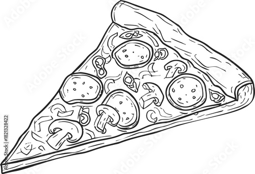 Pizza slice sketch, hand drawn vector with mushrooms, pepperoni, onions, and cheese. Vector illustration