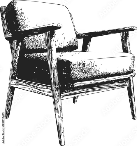 Armchair sketch hand drawn mid-century modern wooden lounge seat. Vector illustration