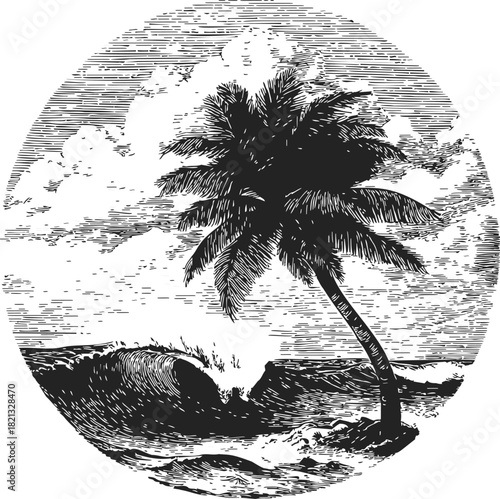 Palm tree sketch hand drawn with ocean waves and cloudy sky in circular frame. Vector illustration