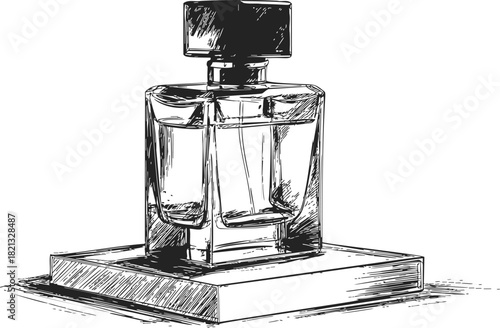 Perfume bottle sketch hand drawn on display stand with detailed glass reflections. Vector illustration