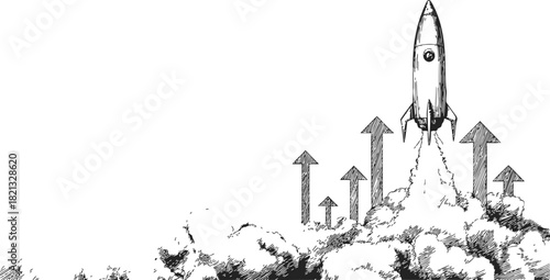 Rocket launch sketch, hand drawn style with smoke clouds and upward arrows. Vector illustration