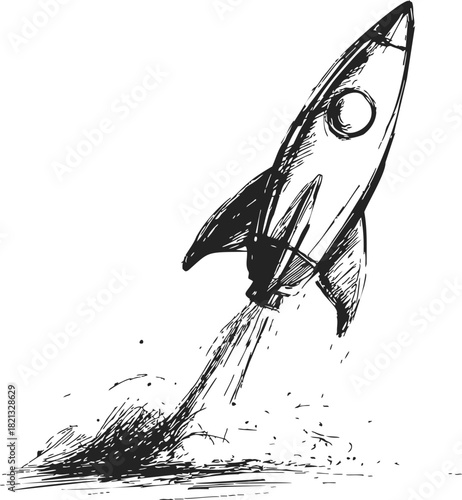 Rocket ship sketch hand drawn launching with smoke and dynamic lines. Vector illustration