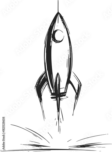 Rocket sketch hand drawn launching upwards with dynamic lines and porthole window. Vector illustration