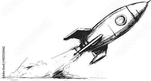 Rocket sketch hand drawn launching diagonally with smoke and dynamic lines. Vector illustration