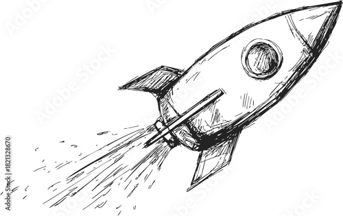 Rocket ship sketch hand drawn blasting off with flames and porthole window. Vector illustration
