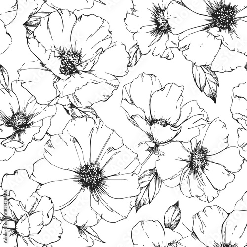 Floral pattern hand drawn sketch, black and white seamless botanical design. Vector illustration