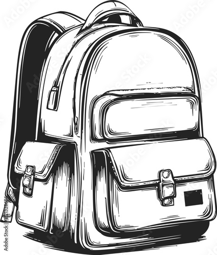 Backpack sketch hand drawn style with multiple pockets and detailed straps. Vector illustration