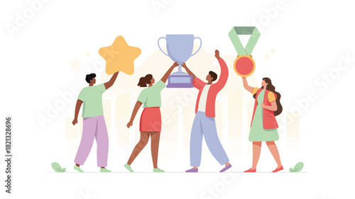 A vibrant vector illustration of four diverse figures one holding a bright yellow object presented in a dynamic composition with a range of colors and clean typography