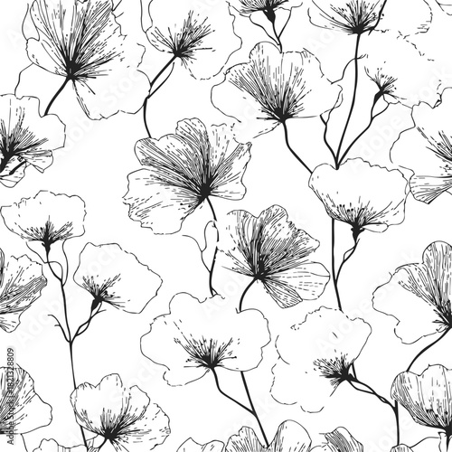 Floral pattern sketch hand drawn black and white seamless background. Vector illustration