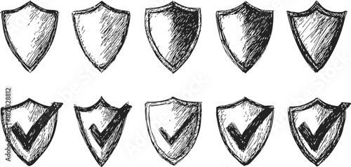 Shield icons sketch hand drawn set with and without check marks. Vector illustration
