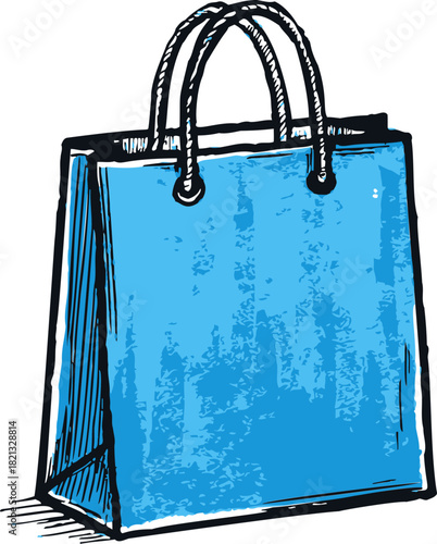 Blue shopping bag sketch, hand drawn style with rope handles and textured shading. Vector illustration