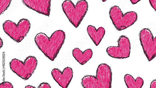 Pink hearts sketch seamless pattern, hand drawn doodle style on white background. Vector illustration