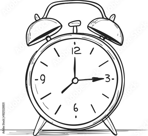 Alarm clock sketch hand drawn with bells and classic round face. Vector illustration