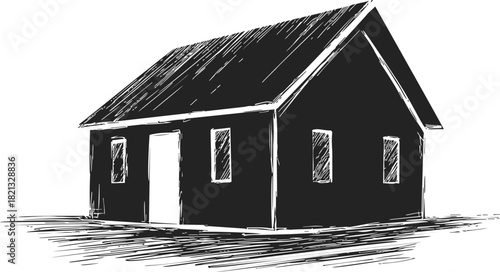 House sketch hand drawn simple building with pitched roof and windows. Vector illustration