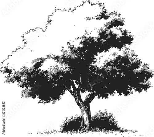 Tree sketch hand drawn detailed foliage and trunk with grass at base. Vector illustration