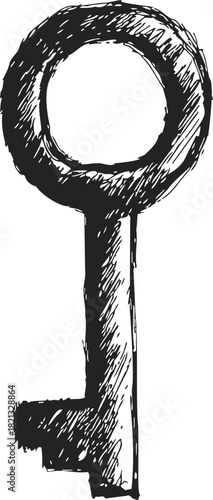 Skeleton key sketch hand drawn in vintage style with rough textured lines. Vector illustration