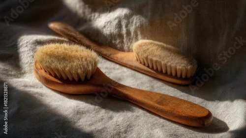 Two wooden-handled brushes with round natural-bristle heads.