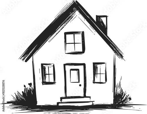 House sketch hand drawn vector, simple home facade with windows, door, and bushes. Vector illustration
