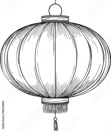 Chinese lantern sketch, hand drawn round festive lantern with tassel detail. Vector illustration