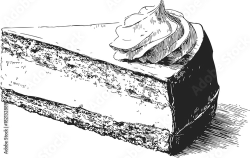 Cake slice sketch hand drawn with whipped cream topping. Vector illustration